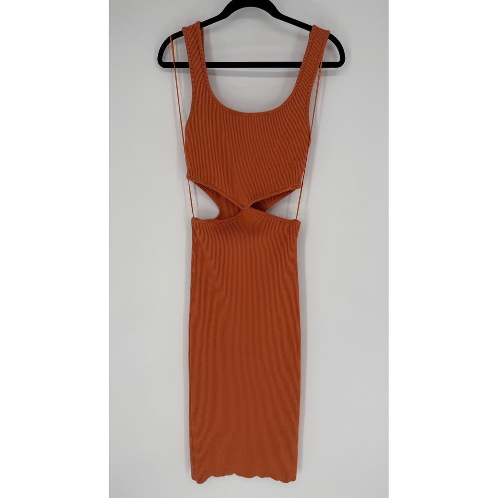BEIGE BOTANY KNIT CUT-OUT MIDI DRESS BURNT ORANGE RIBBED BODYCON LARGE VACATION